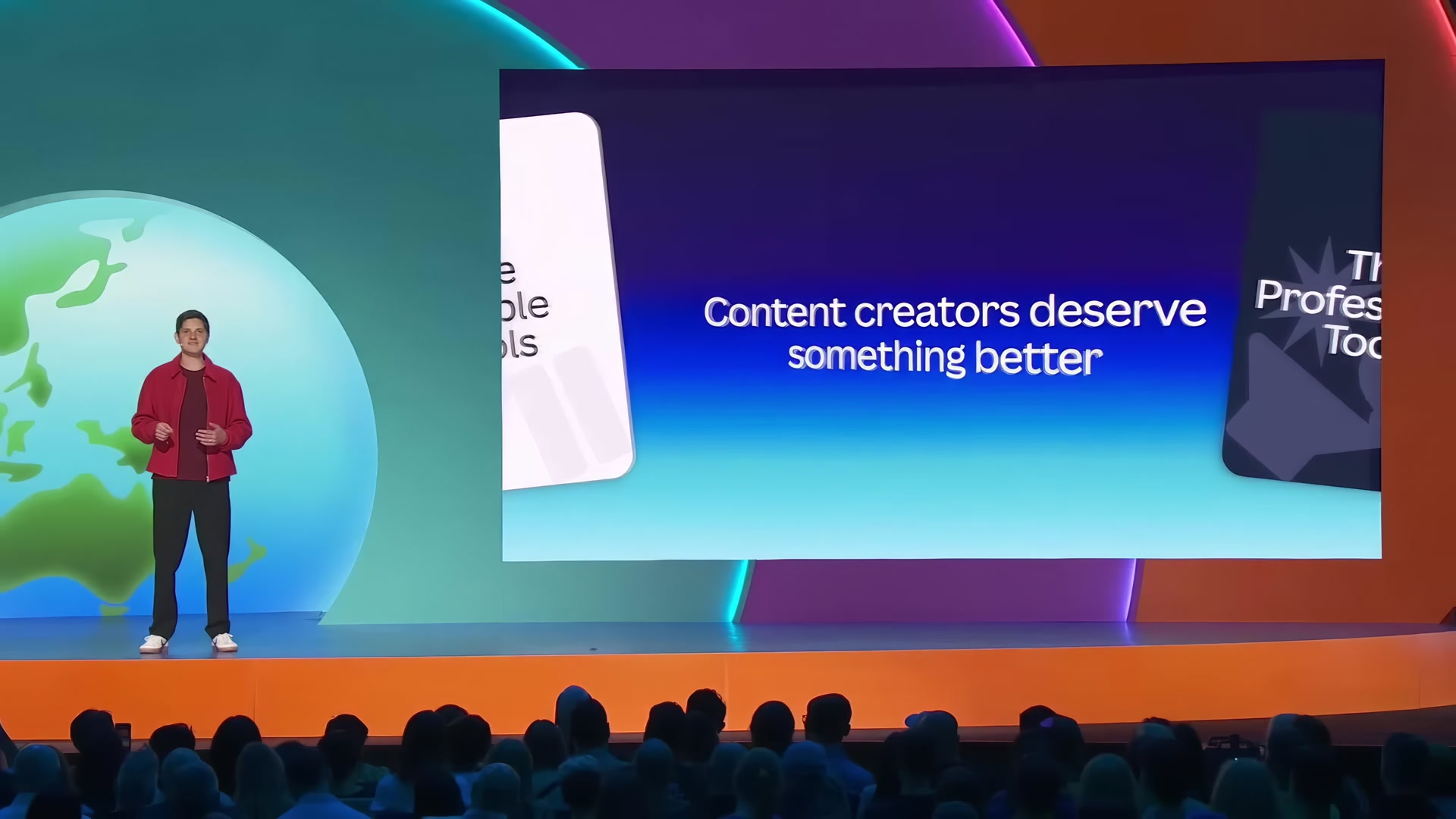 Phil Haeusler presenting at the Canva World Tour keynote - 'Content creators deserve something better'
